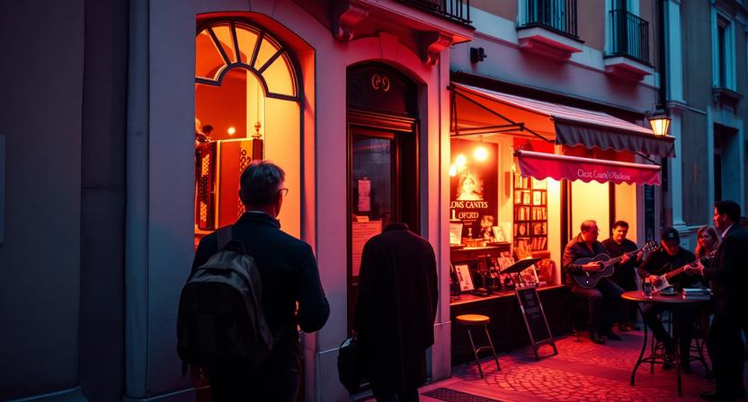 Traveler discovering a vintage accordion in Lisbon music district