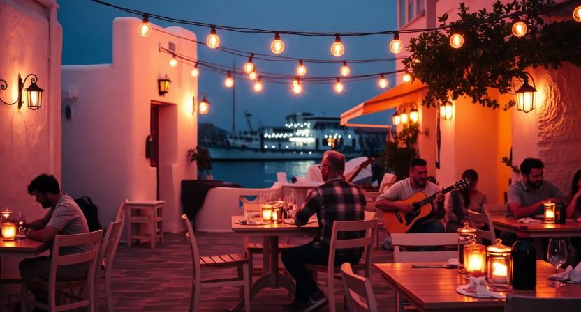 Traveler enjoying live Greek music in a Naxos taverna