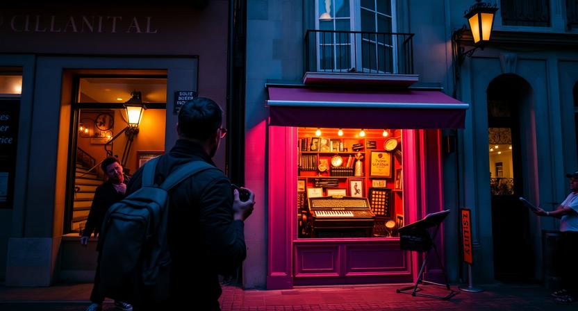 Traveler exploring music streets in Lisbon near an accordion shop
