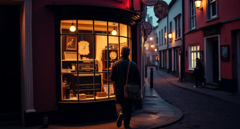 Traveler discovering a vintage concertina in a small folk music town